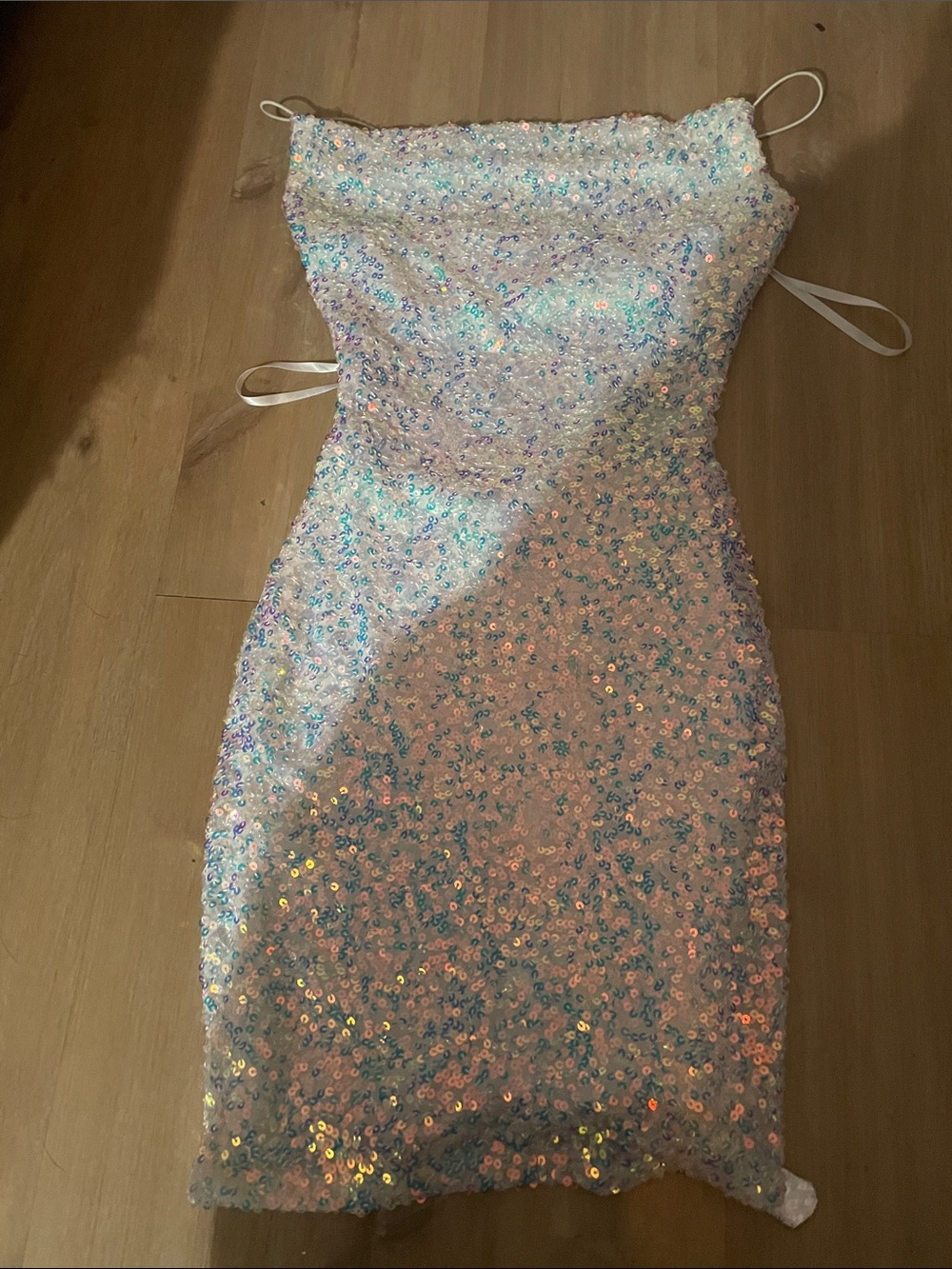 Windsor Iridescent Sequin Mini Dress in Pale Lavender and Pearl
